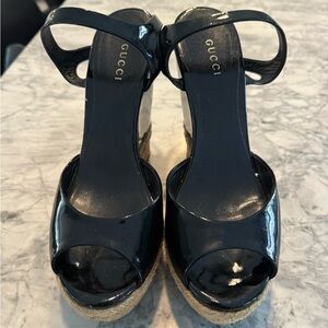 Gucci Black Patent Leather Wedge Sandals